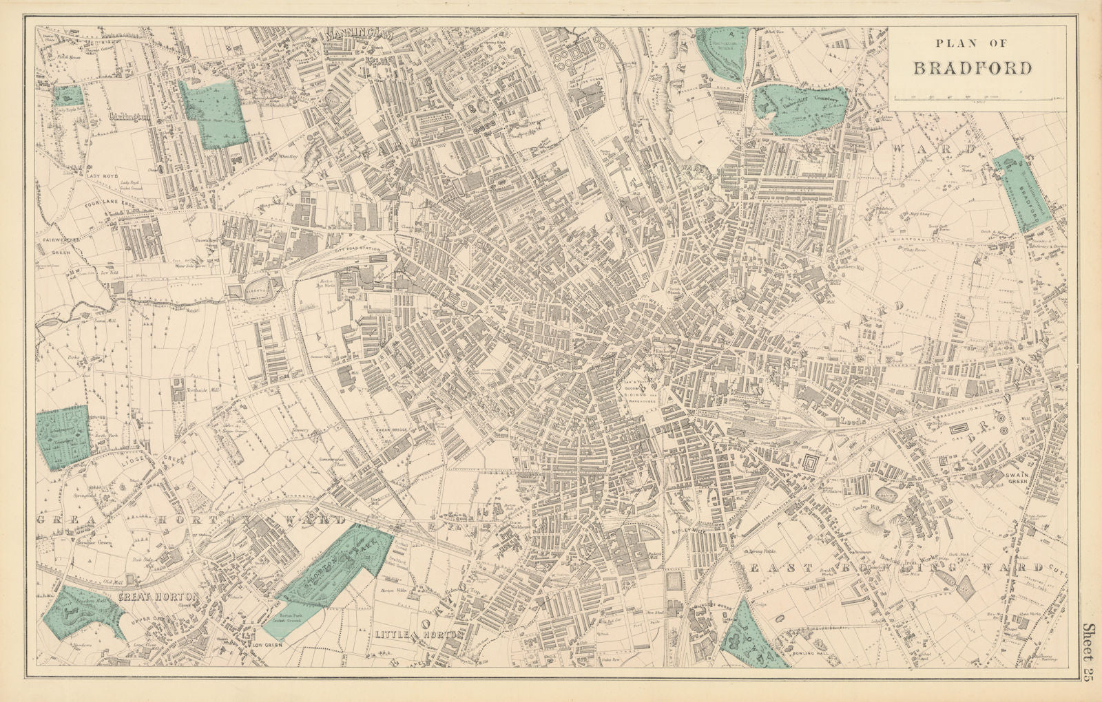 BRADFORD Manningham Undercliff Horton Bowling town city plan GW BACON 1883 map